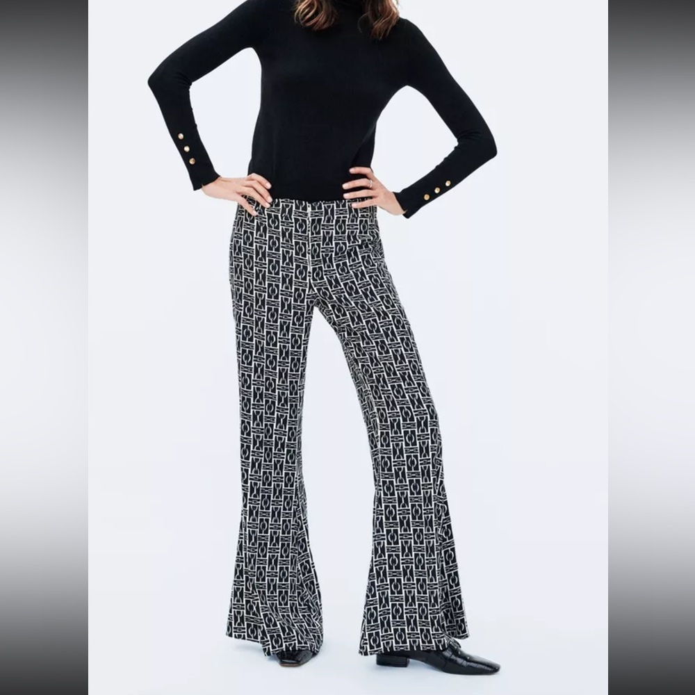 Zara Woman Chain Print High Waist Flared Trousers Pants Size S